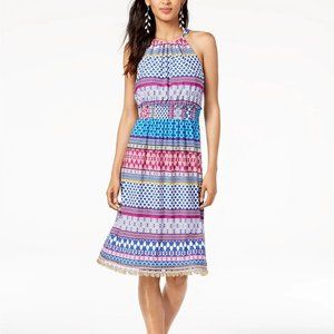 Trina Turk Midi Multi Color Smocked-Waist Brooke Halter Dress Medium $288